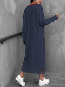 EURMUSE V-Neck Black Trim Contrast Design Cable Knit Pattern Dress For Women - Navy Blue - View 2