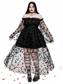 Whyspr Vestido sexy asimétrico de talla grande con diseño de nicho, color negro sólido, encaje, hombros descubiertos y bajo maxi para outfit gótico de mujer