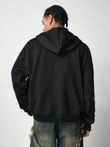 ROMWE MEN Street Life 男士星星印花长袖前拉链宽松连帽衫，秋冬款 - 彩色 - 查看 5