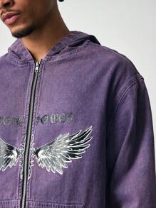 ROMWE MEN Street Life Men's Casual Front Zipper Long Sleeve Pocket Printed Denim Jacket - Purple - View 5