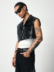 ROMWE MEN Street Life Men's Solid Color Front Button Pocket Simple Vest Waistcoat, Fall/Winter