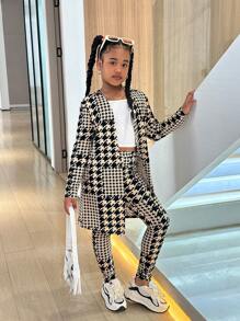SHEIN Tween Girl NOVA Store 日常休闲针织格子印花长袖开衫上衣搭配紧身裤套装 - 卡其色 - 查看 4