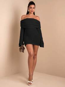 SHEIN BAE Elegant Open Shoulder Long Sleeve Knitted Dress, Suitable For Daily Dates, Outings, Night Clubs, Parties, Special Occasions, Autumn