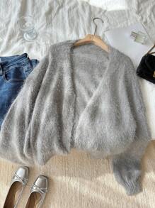 SHEIN Frenchy Plus Size Women's Sweater Off Shoulder Plush Cropped Cardigan Valentine - Khaki - View 1