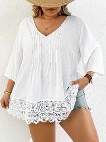 SHEIN CURVE+ 大码情人节提花蕾丝拼布衬衫