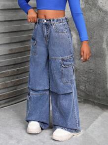 SHEIN Jeans anchos de carga de mezclilla azul desgastada con pliegues, estilo holgado y versátil para niñas preadolescentes, ideal para uso diario en otoño/invierno - Azul lavado medio - Ver 3