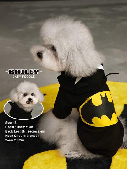 BATMAN X SHEIN 1pc Fashionable Cool Hero Character Cartoon Bat Printed Hooded Pet Sweatshirt, Cat Clothes, Dog Clothes, Sizes XXS-XXXXL, Extra Small, Extra Large
