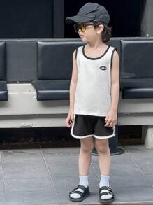 DAZY 2 Peças/Conjunto Colete e Shorts com Recorte Colorido para Menino Jovem - Preto e Branco - Visão 4