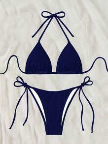 SHEIN Swim 2026 Spring/Summer Navy Blue Special Fabric Women's Swimsuit, Spaghetti Strap Halter Solid Color Sexy Side Tie Thong Bikini Two-Piece Swimwear - Navy Blue - View 5