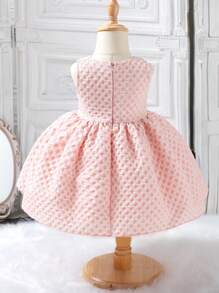 女童斋月优雅提花菱形图案连衣裙，可爱蝴蝶结点缀，简约时尚可爱公主裙，适合女童日常聚会和休闲装，春夏 - 粉色 - 查看 2