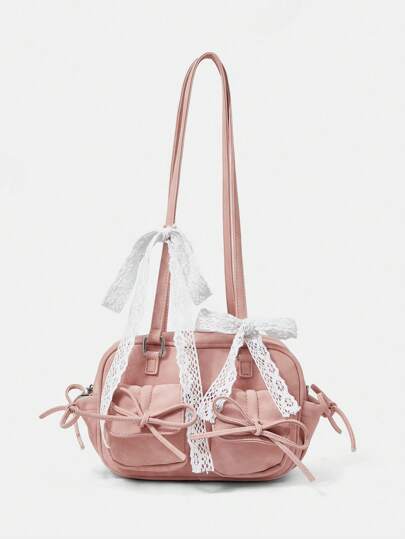 Fashion Dual Pocket Bow Decor Shoulder Bag For Women