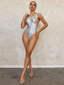 SHEIN Swim 女士无袖镂空紧身休闲连体泳衣夏季 - 銀色 - 查看 5