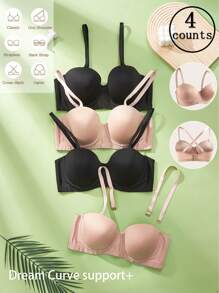 4 Pcs Plus Size Solid Color Minimalist Camisole With Wire, For Casual Wear