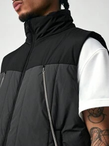 ROMWE MEN Street Life Men's Casual Contrast Color Patchwork Vest, Autumn/Winter - Black - View 4