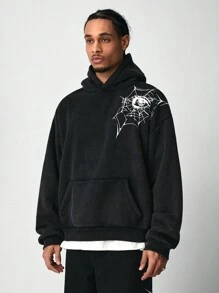 ROMWE MEN Street Life 男士长袖蜘蛛网印花休闲连帽衫，万圣节 - 黑色 - 查看 8