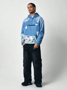 ROMWE MEN Street Life Men Letter Graphic Long Sleeve Ripped Hooded Denim Jacket, Autumn - Baby Blue - View 2