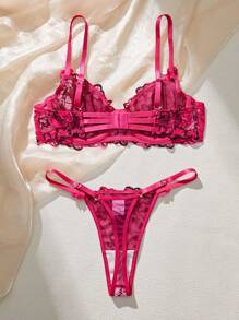 2pcs Valentine's Day Romantic Heart Embroidered Lingerie Set - Hot Pink - View 2