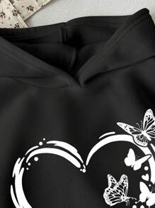 SHEIN Heart & Butterfly Print Tween Girls' Casual Long Sleeve Hoodie Sweatshirt, Suitable For Autumn/Winter