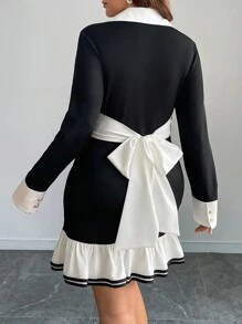 Calvaya Plus Size Women Pleated Bowknot Collared Dress, Minimalist Style For Commute - Black and White - View 1
