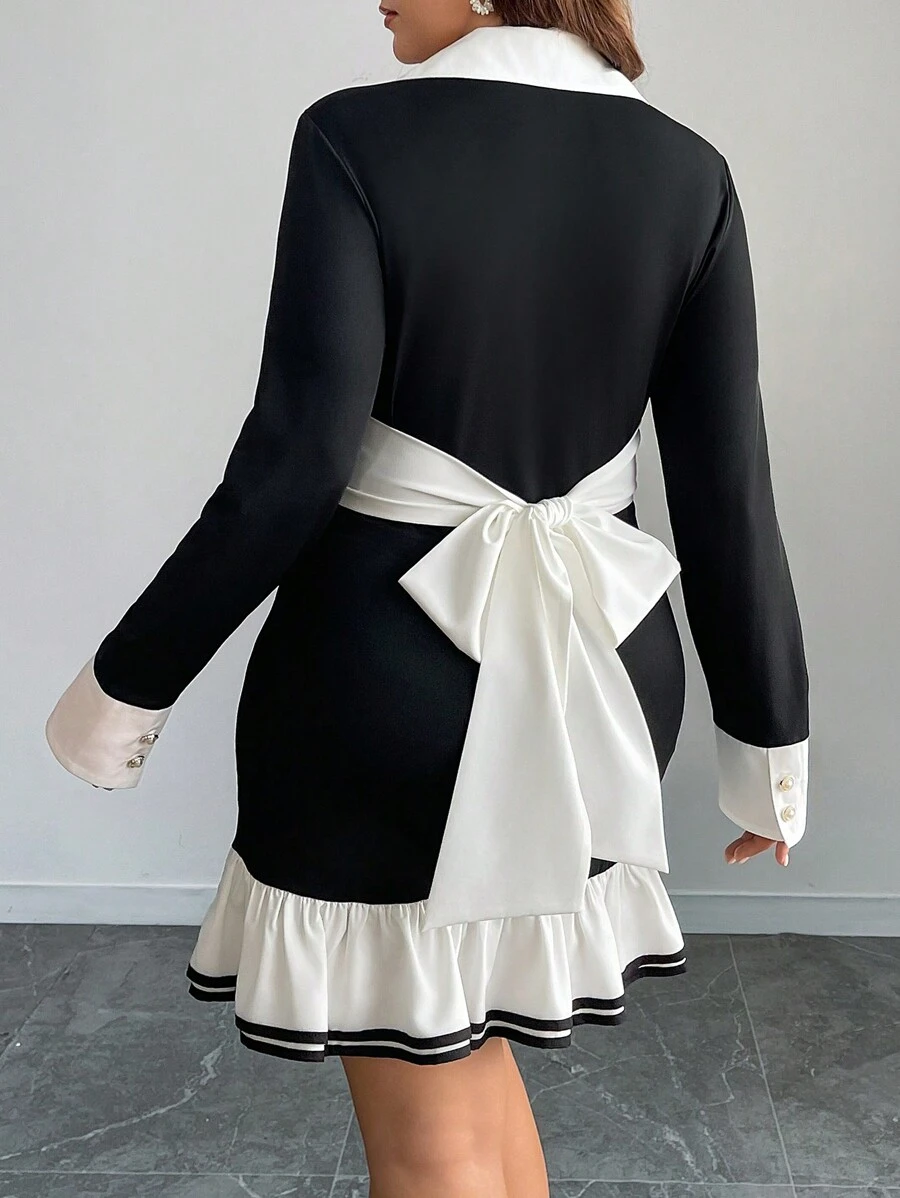 Calvaya Plus Size Women Pleated Bowknot Collared Dress, Minimalist Style For Commute - Black and White - View 1
