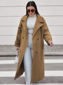 RueChic Double Breasted Button Detailed Drop Shoulder Long Overcoat - Rust Brown - View 3