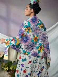 Frida Kahlo X SHEIN Women's Lightweight & Soft Floral Print Scarf, Great Gift,Summer Outfits, Spring Outfits,Beach, Vacation, Flower - Multicolor - View 3