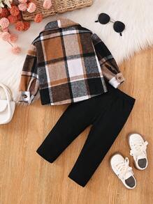 Baby Front Button Long Sleeve Pocket Plaid Minimalist Top And Matching Set - Coffee Brown - View 2