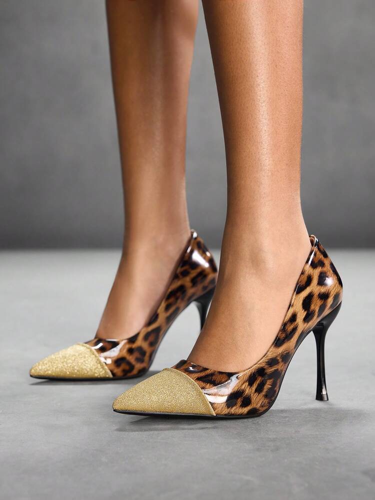 CUCCOO SZL Women's Pointed Toe Stiletto Heels, Gold Sequin & Leopard Print High Heels, Suitable For Night Out Wear, Party Outfit, & New Year Party, Style, Punk Style Spring Shoes Spring Break Easter Prom Heels