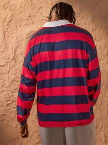 Forever 21 男士宽松休闲红色条纹撞色白领Polo衫，秋冬热销款式 - 紅色 - 查看 2
