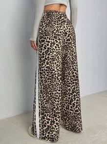 SHEIN PETITE Quần nỉ họa tiết da báo thường ngày mùa xuân và mùa hè cho nữ đồng phục trở lại trường - màu nâu - Xem 2