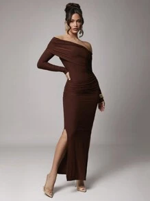 Silquee Women Elegant Solid Color Long Sleeve Shift Dress For Casual, Date, Party, Coffee Brown, Dresses For Women, Dress, Christmas Clothes Women