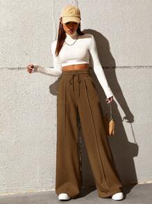 SHEIN Tall CURVE Plus Size Women Casual Drawstring Waist Loose Fit Straight Leg Pants - Brown - View 3