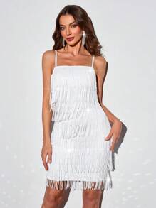 SHEIN Belle 女士优雅华丽流苏亮片紧身细肩带吊带连衣裙、夜间派对俱乐部连衣裙、节日连衣裙 - 白色 - 查看 7