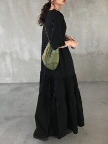 FRIFUL Kvinnor Svart Lös Lång Klänning V-ringad Kortärmad Casual Summer Outfit