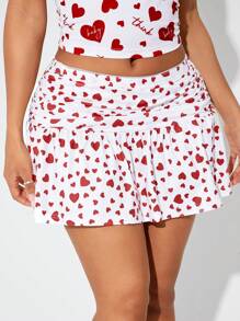 SHEIN SXY 女士心形印花褶皱迷你裙，时尚，心形，波尔卡圆点，情人节 - 白色 - 查看 1