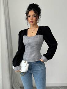 Chiquease Fashionabla lapptäcke för kvinnor, långärmad, elegant elegant blus - Svart - Visa 1