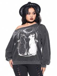 ROMWE Fairycore Women's Plus Size Black Cat Moon Star City Print Casual Plus Size Sweatshirt - Black - View 1