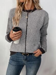 SHEIN LUNE Women's Casual Crew Neck Colorblock Striped Patchwork Pullover Sweater Knit Pullover Fall Winter - Coffee Brown - View 7