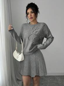 Selianne 2pcs/Set Women Casual Round Neck Embroidered Solid Color A-Line Pleated Skirt And Sweater Fall Winter Cloth For Women