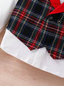 2pcs Young Boy Gentleman Elegant Urban Fashion Red Bow Tie, Plaid Vest 2 In 1 Design, White Collar Long Sleeve Shirt And Red Pants Gentleman Suit, Suitable For Wedding, Party, Travel, Casual Gathering, Autumn/Winter