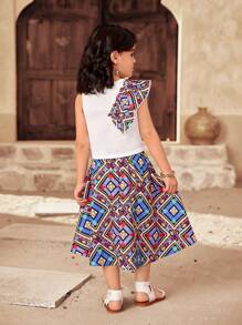 SHEIN 2pcs Setelan Baju Anak Perempuan Serasi Motif Cetak Panas, Lengan Berkerut Berlebihan, dan Rok Motif Retro untuk Musim Semi dan Musim Panas - MultiWarna - View 2