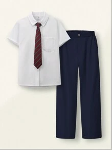 SHEIN Set de 3 piezas de uniforme escolar estilo universitario para niños: Camisa de manga corta blanca, pantalón casual, corbata extraíble para uso diario - Azul Marino - Ver 9
