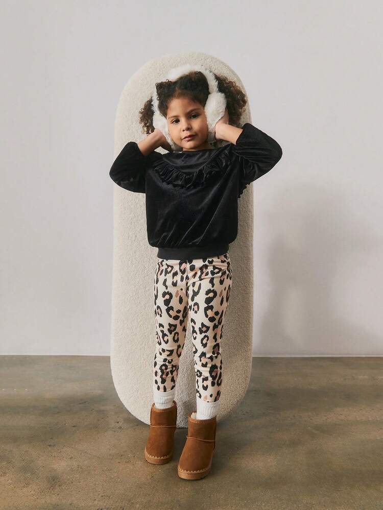 Young Girl Loose Casual Solid Velvet Ruffled Crew Neck Sweatshirt