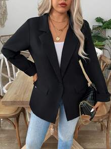 SHEIN LUNE Plus Size Women's Formal Long Lapel Single Button Blazer With Extra Large Real Pockets, Autumn/Winter Graduation,Back To School,Teacher Outfits For Women Fall Cloth For Women