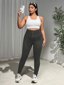 SHEIN PETITE CURVE Plus Size Casual Solid Color High Waist Leggings