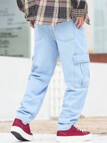 Manfinity Hypemode Plus Size Men's Casual Simple Multiple Pockets Cargo Denim Jeans - Light Wash - View 2