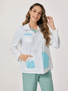 TaskEZ Front Button Long Sleeve Pocket Scrub Uniform Jacket, Solid Color Patchwork - Apricot - View 5