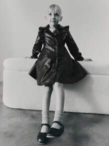 Maija Kids Maija Kids Loose Casual Lapel Ruffle Double-Breasted PU Leather Dress For Young Girl - Black - View 3