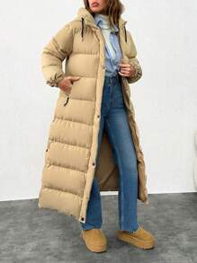 EURMUSE Contrast Trim Detailed, Keeping Warm, Zip Pocket And Side Poppers Detailed Puffer Jacket - Beige - View 3