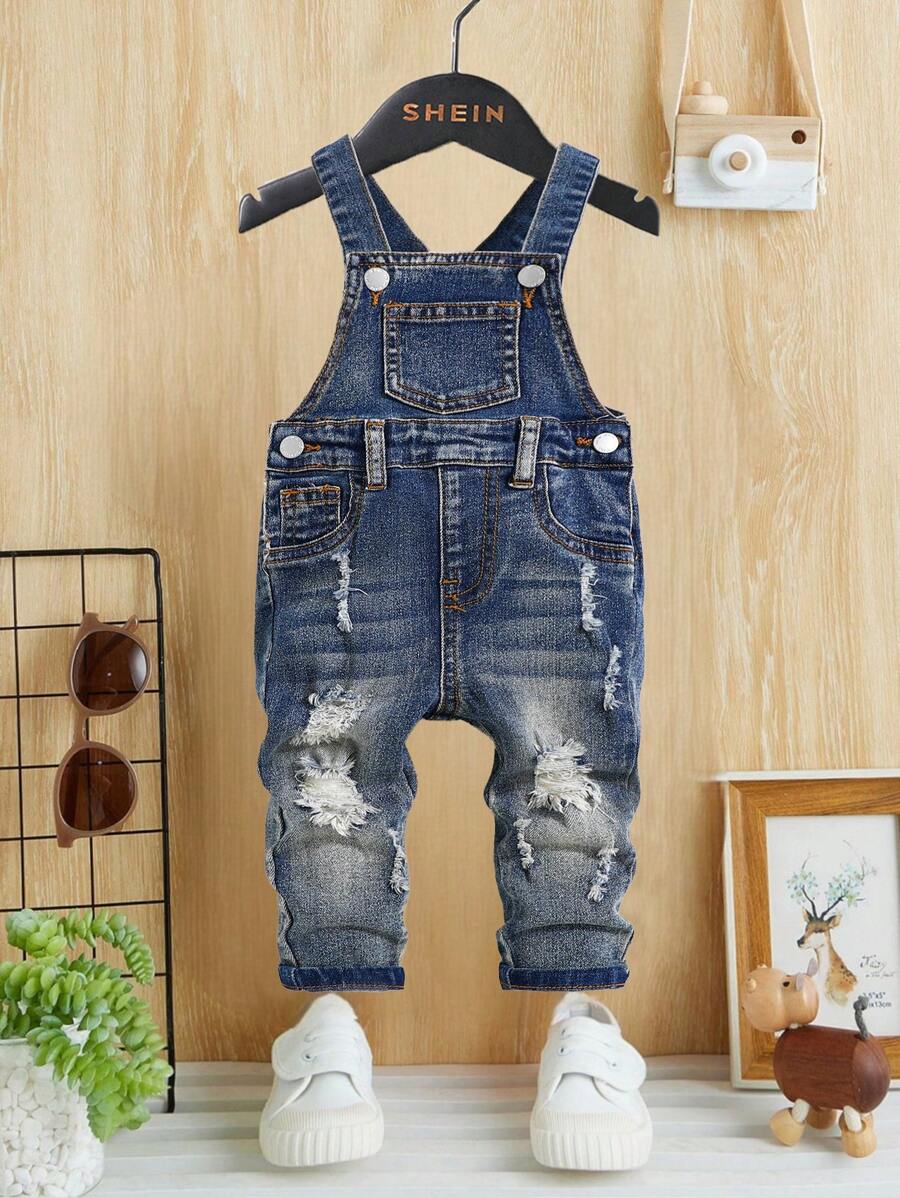 SHEIN 幼儿/婴儿男孩休闲做旧复古水洗撕破高弹力修身蓝色牛仔连体裤,休闲百搭,适合婴儿秋冬户外服装 - 中等水洗藍 - 查看 1